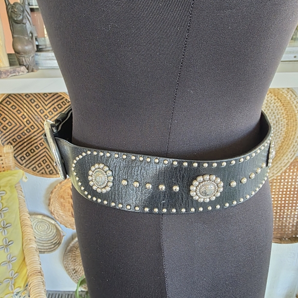 Vintage Y2K Brighton Large Boho Studded Black Leather Belt Western Silver Studs - Picture 8 of 13
